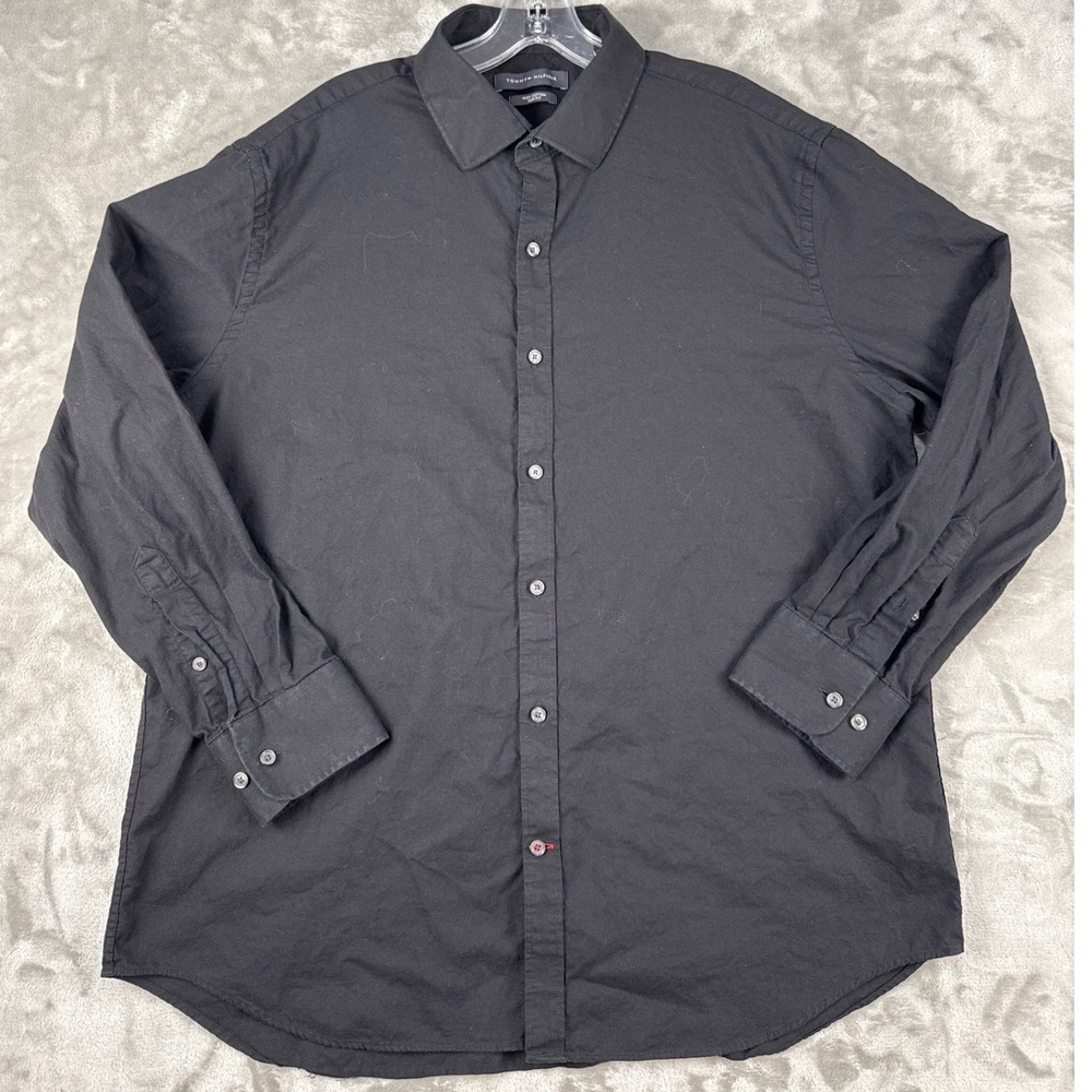 Tommy‎ Hilfiger Mens XL Slim Fit Black Cotton Long Sleeve Button Down Shirt